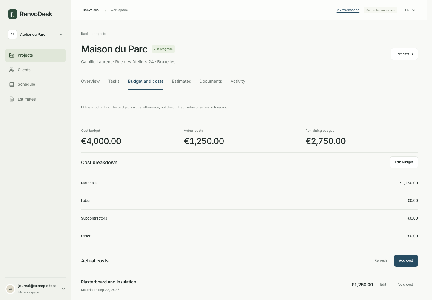 Project cost budget and recorded building material expenses