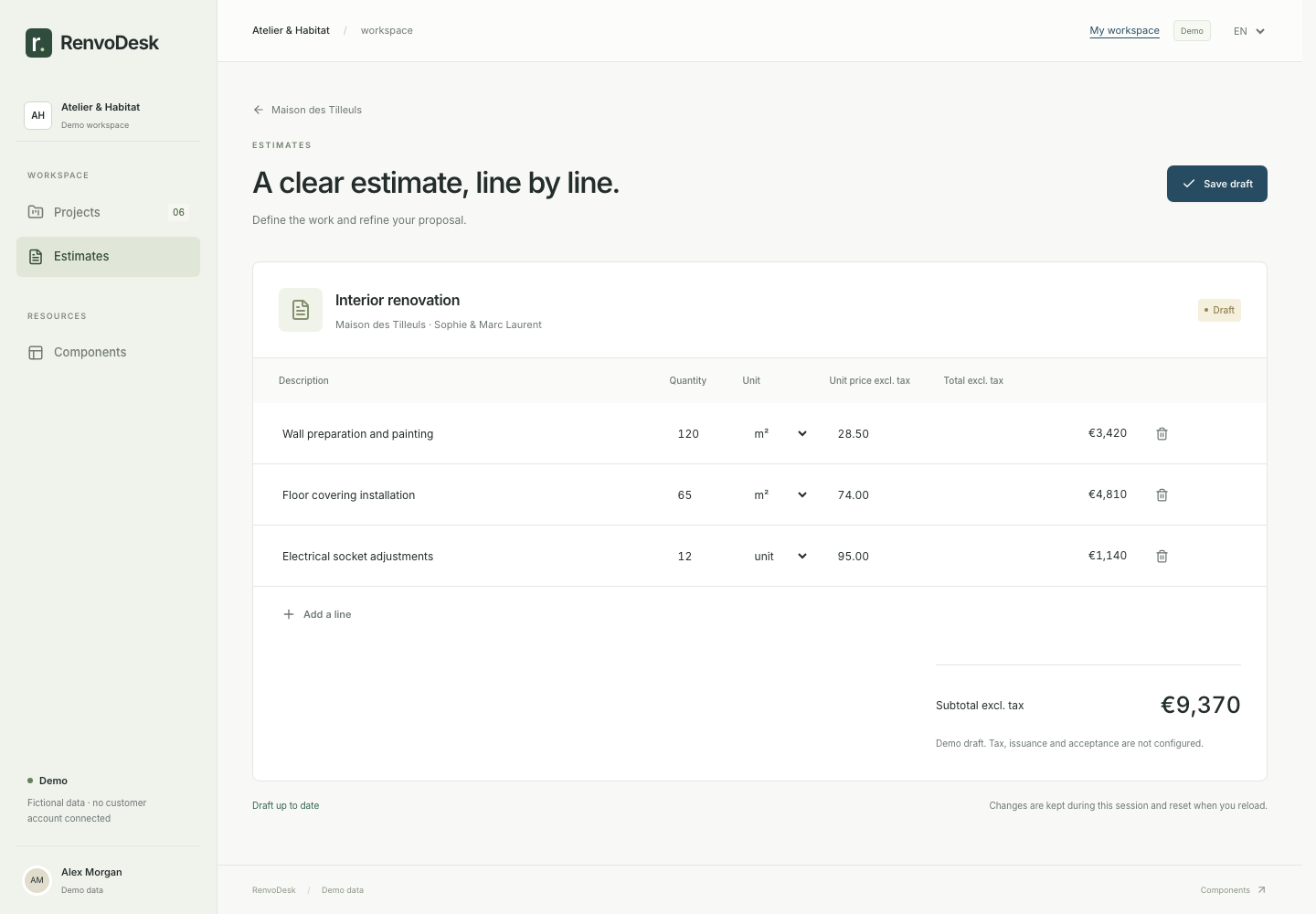 Estimate editor with construction line items, quantities and prices