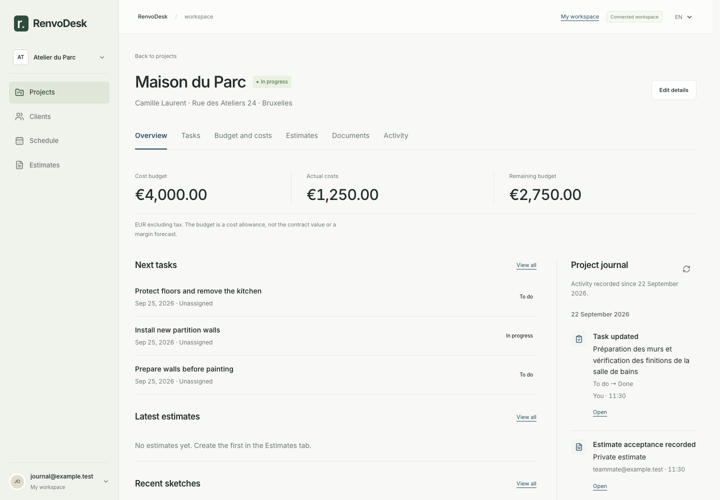 Project overview showing the cost budget, site tasks and activity journal
