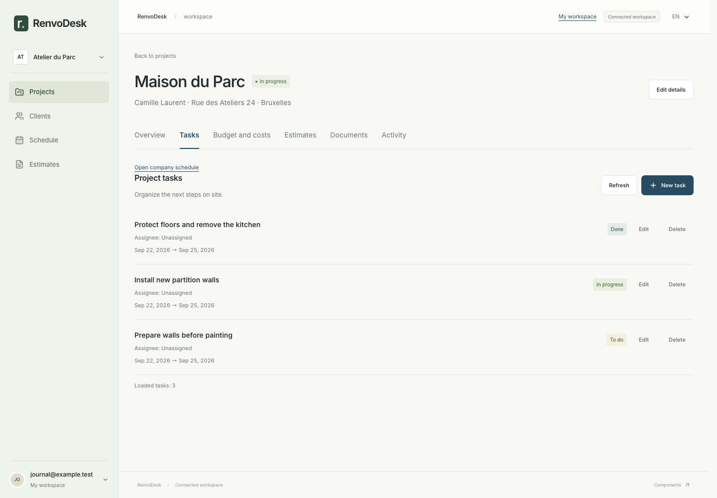 Site tasks showing statuses, dates and team assignment controls