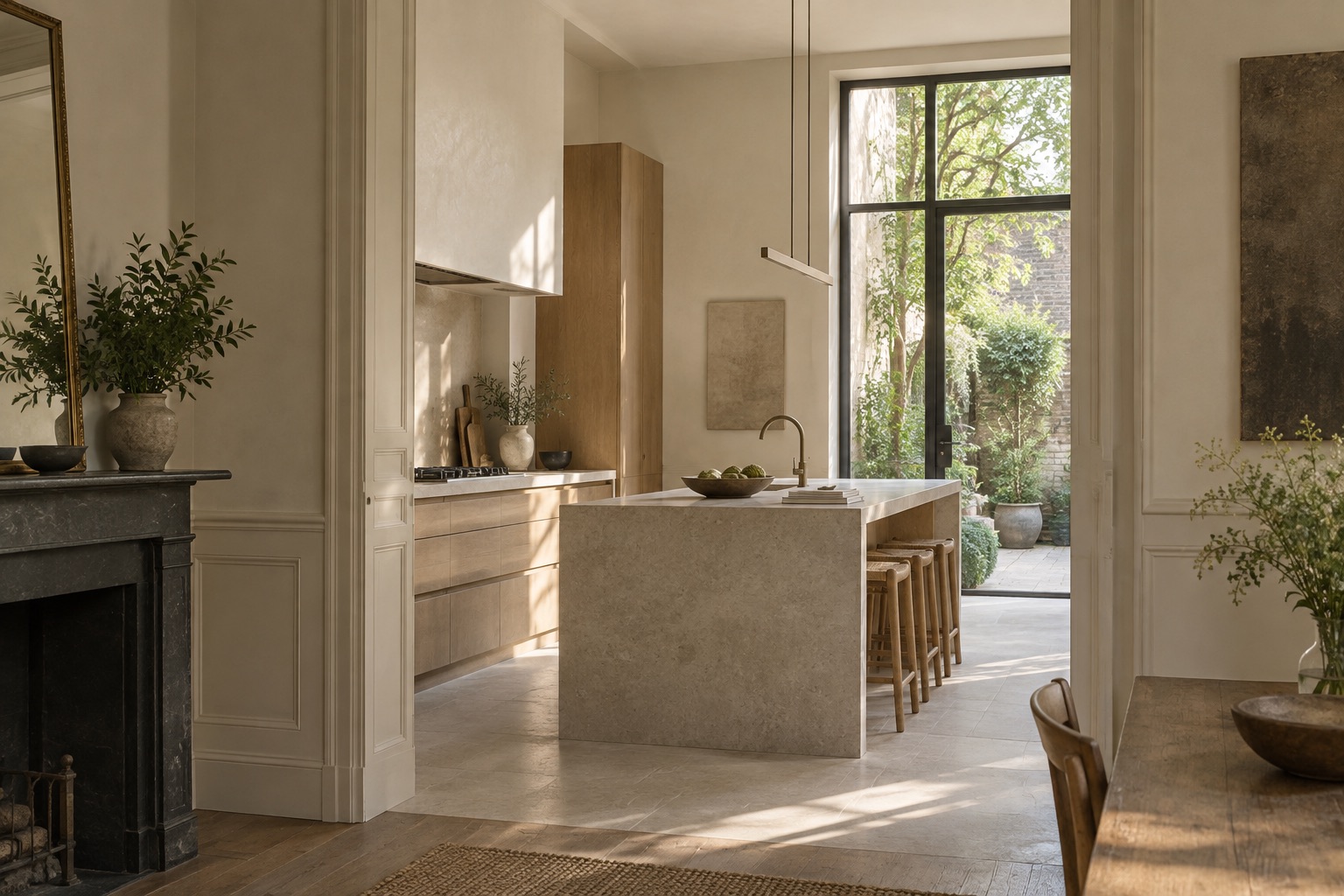 Intérieur lumineux d’une maison rénovée, cuisine en chêne et pierre naturelle donnant sur un jardin